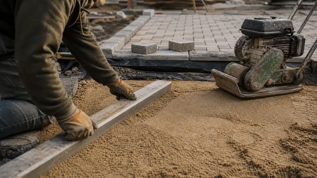 Pavé autobloquant pose : décaissement 40 cm, pente 1-2%