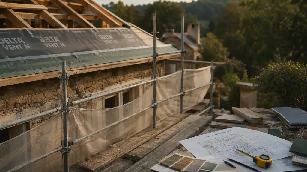 Prix surélévation maison 40m2 : maison avec échafaudage et toiture en chantier