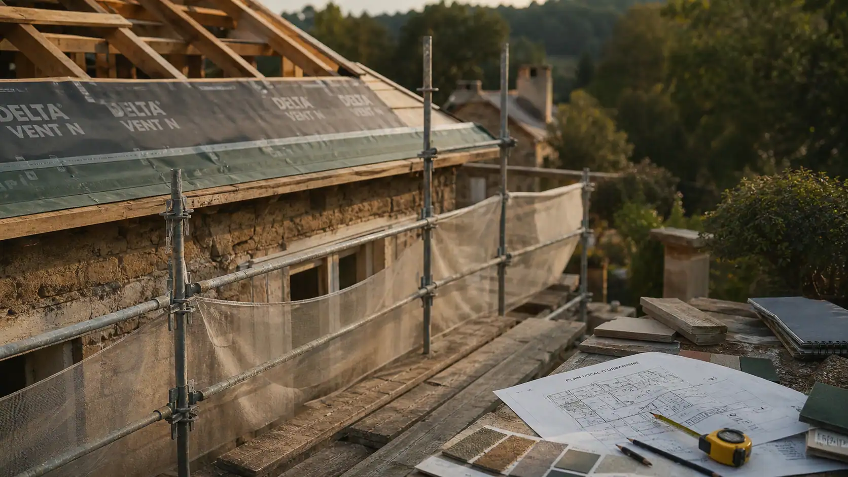 Prix surélévation maison 40m2 : maison avec échafaudage et toiture en chantier