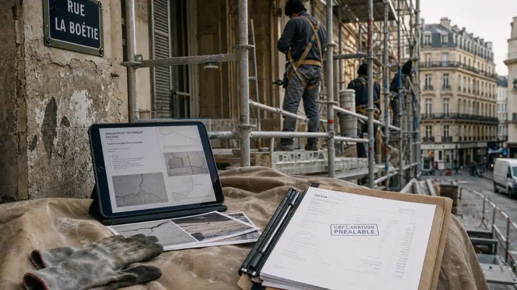 Ravalement paris : diagnostic de façade sur échafaudage à Paris, déclaration préalable