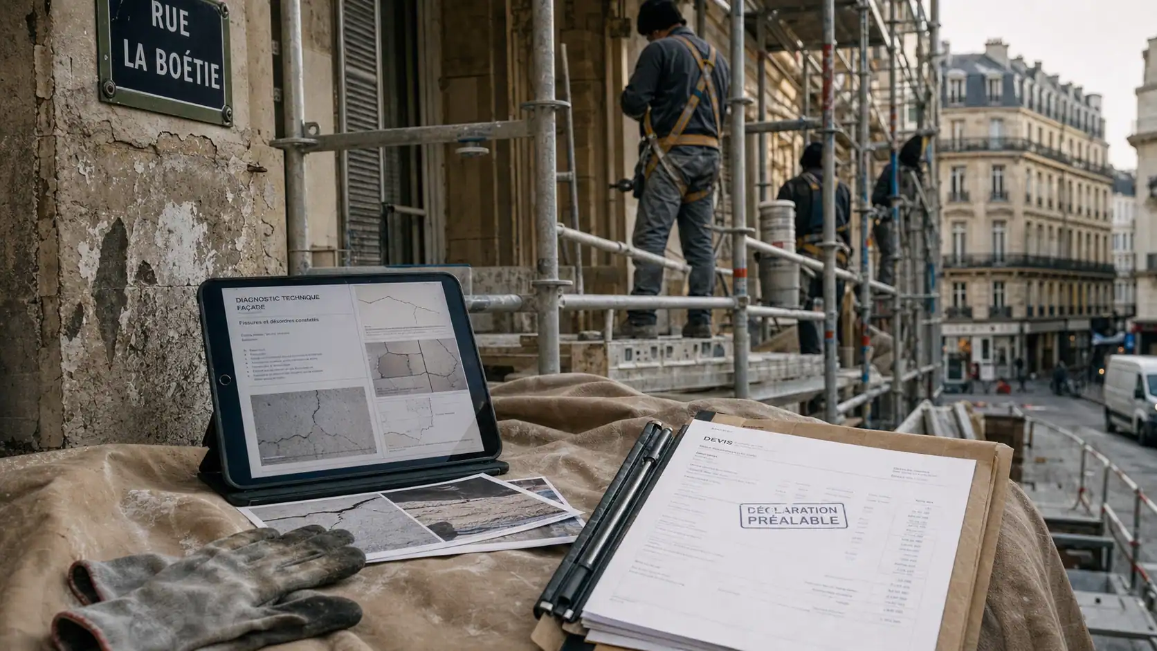 Ravalement paris : diagnostic de façade sur échafaudage à Paris, déclaration préalable