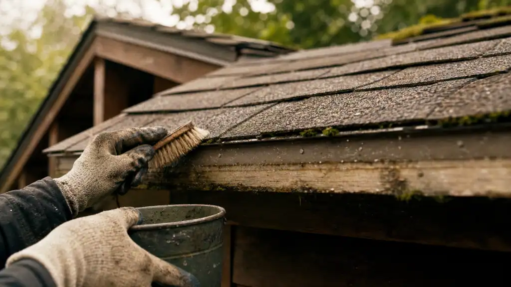 Toiture en shingle durée de vie 20 à 50 ans, bardeaux bitumés au bord de garage