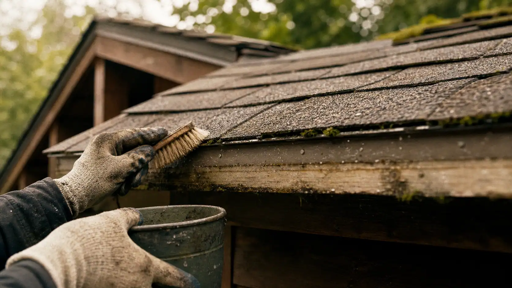 Toiture en shingle durée de vie 20 à 50 ans, bardeaux bitumés au bord de garage