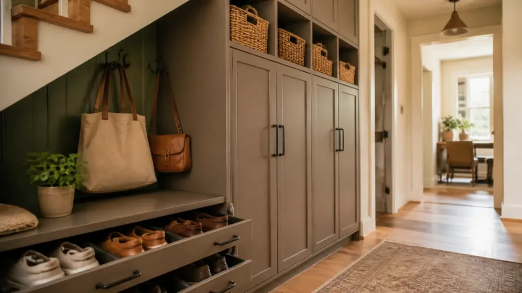 Aménagement sous escalier : tiroirs et portes coulissantes pour ranger chaussures