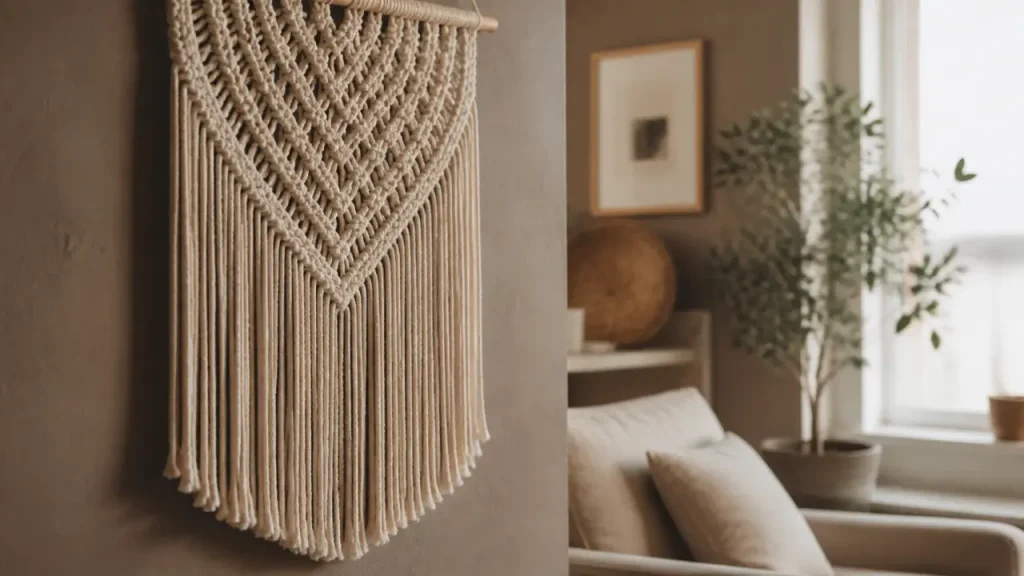 Déco macramé : tenture murale coton écru à franges