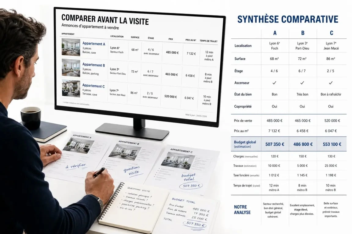 Comparaison visuelle d’un appartement à vendre avec les critères essentiels à vérifier avant achat