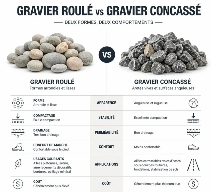 Différence entre gravier roulé et gravier concassé pour aménagement extérieur