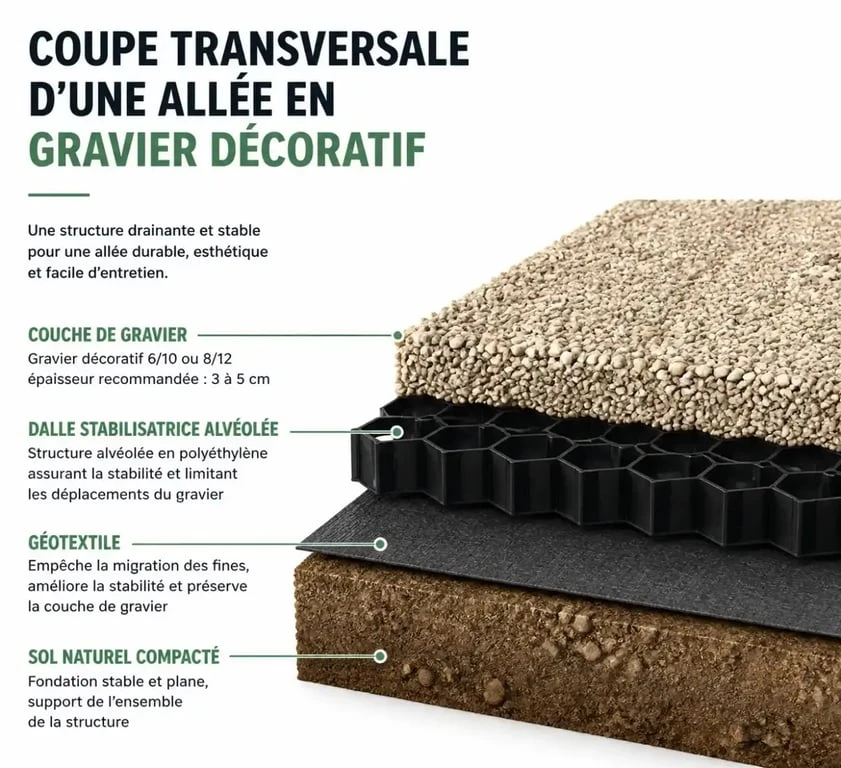 Coupe technique d'une allée en gravier décoratif avec géotextile et dalles alvéolées