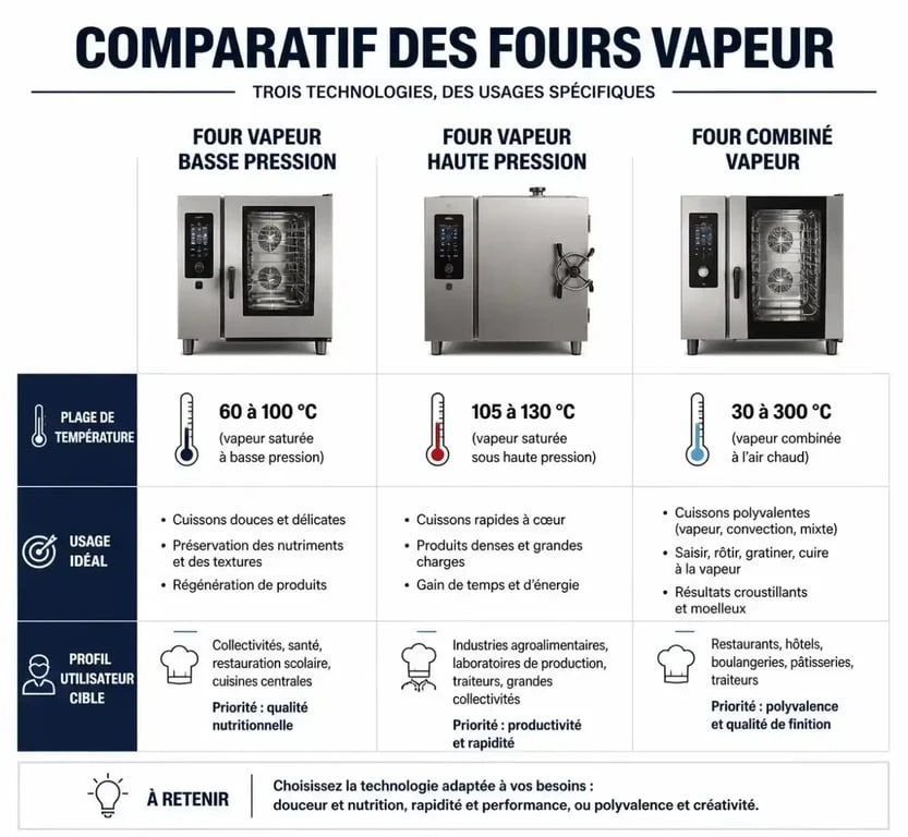 Comparatif des types de fours vapeur : basse pression, haute pression et combiné vapeur pour bien choisir son four vapeur selon ses besoins.