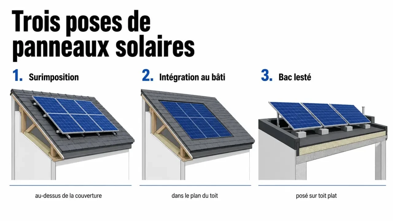 Panneaux solaires sur toiture : comparatif des modes de pose surimposition, IAB et bac lesté