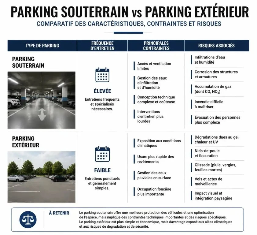 Infographie comparative des besoins en nettoyage pour parking souterrain et extérieur en copropriété
