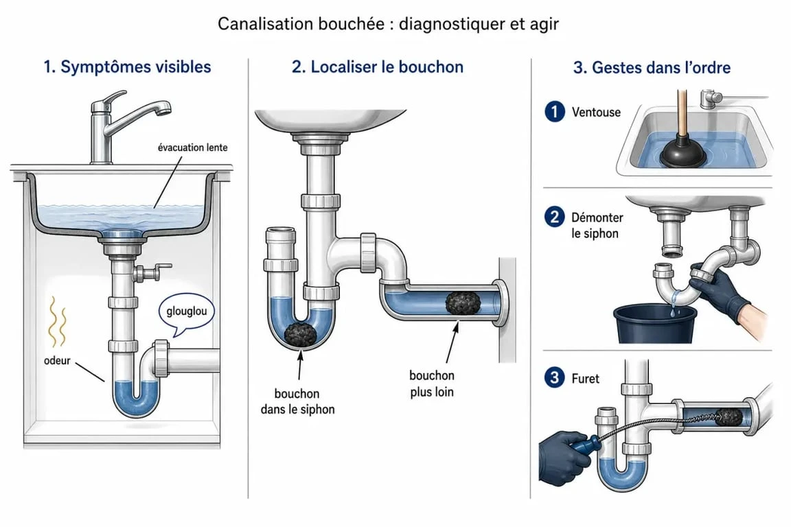 Canalisation bouchée illustrée par les symptômes, la localisation du bouchon et les gestes de débouchage