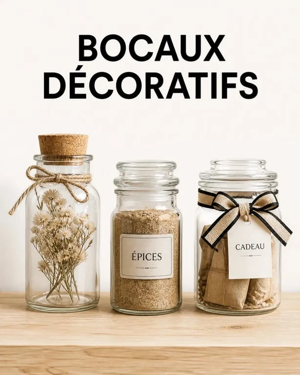 Déco bocaux : trois bocaux en verre décorés dans des styles différents
