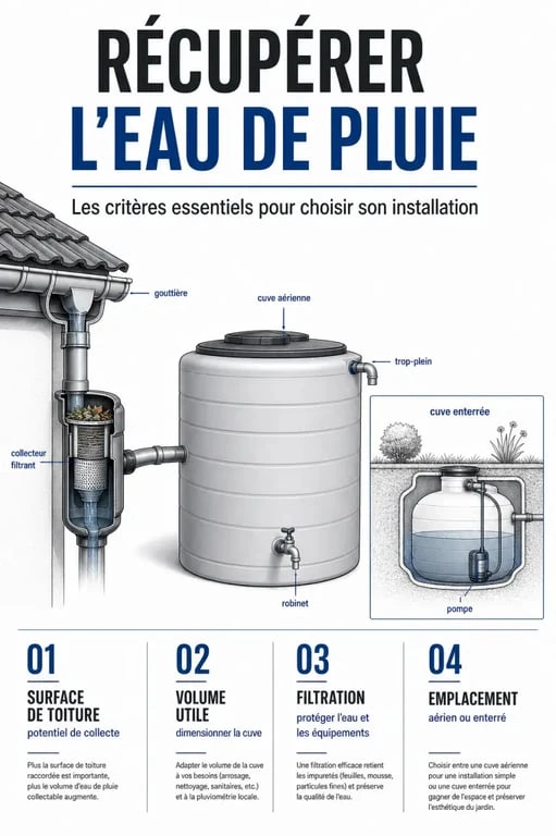 Récupérateur eau de pluie : visuel comparant cuve aérienne et cuve enterrée avec collecteur, filtre et trop-plein