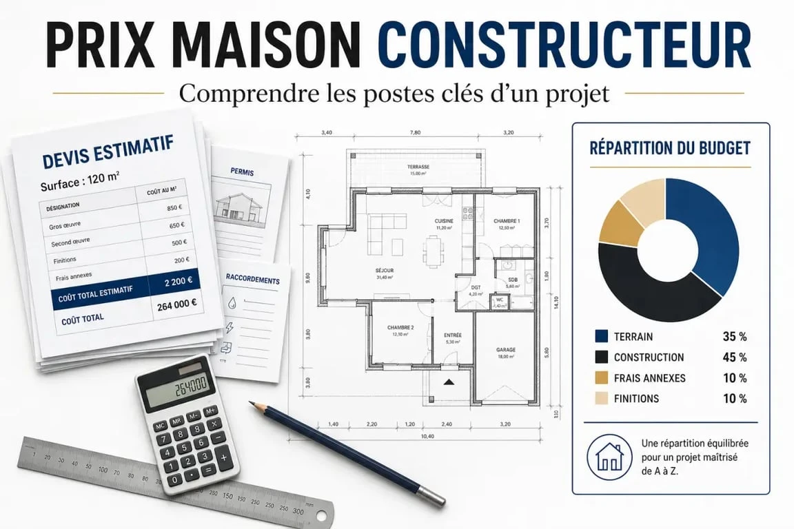 Prix maison constructeur : répartition visuelle du budget entre terrain, construction, frais annexes et finitions