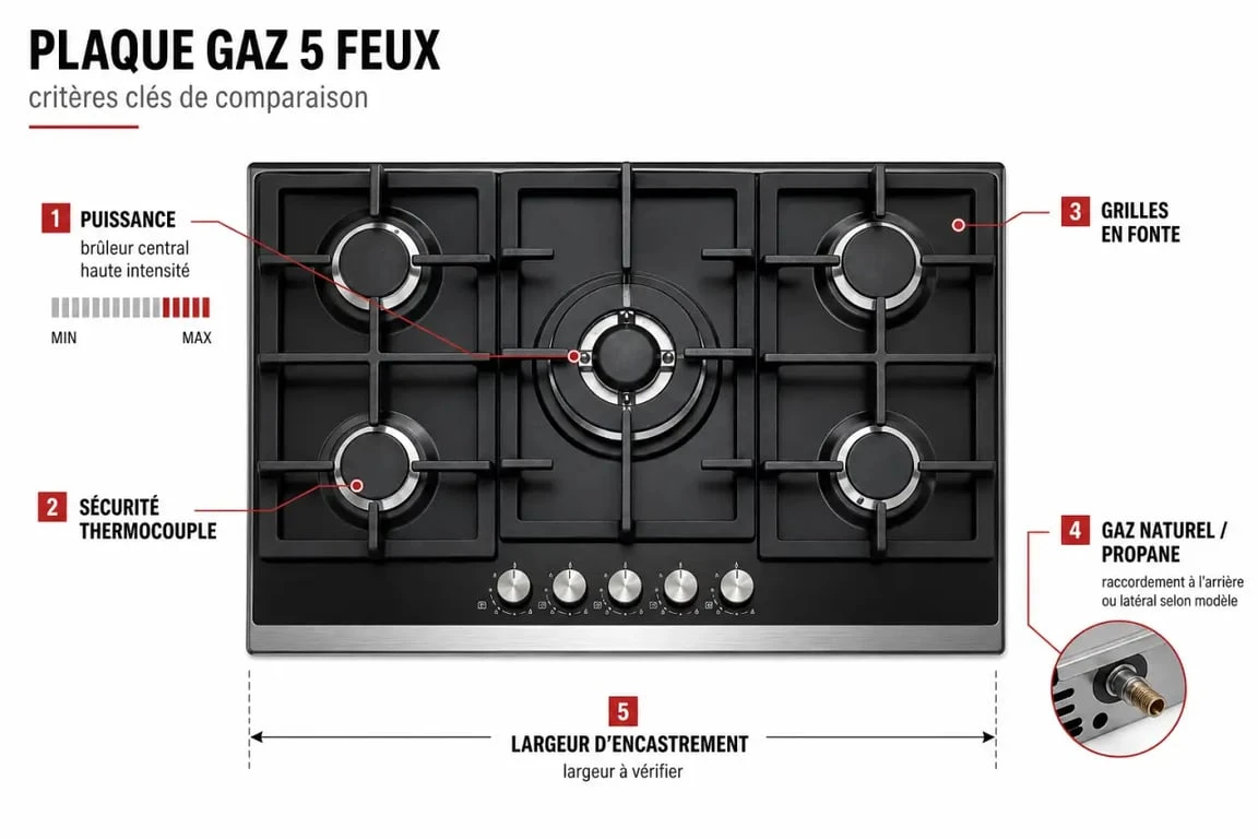 Comparatif meilleur plaque de cuisson gaz 5 feux avec critères de puissance, sécurité et dimensions