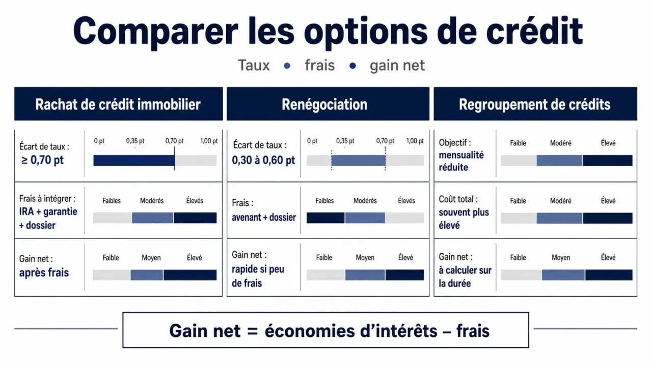 Comparatif rachat de crédit immobilier, renégociation et regroupement avec chiffres clés