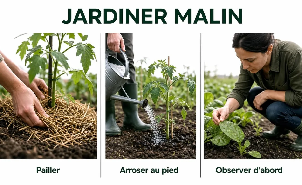 Jardiner malin : illustration des gestes essentiels pour pailler, arroser au bon endroit et observer avant d’agir