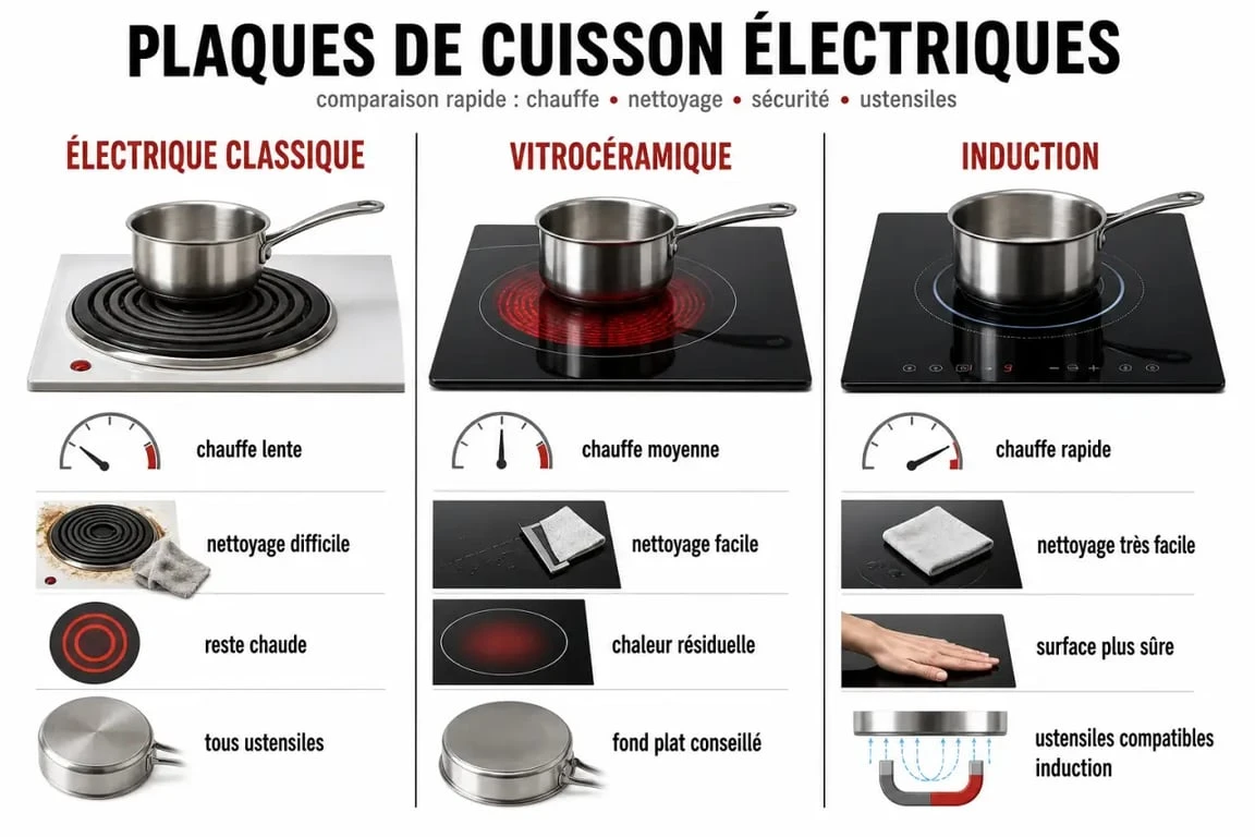 Comparaison plaque de cuisson électrique : classique, vitrocéramique et induction