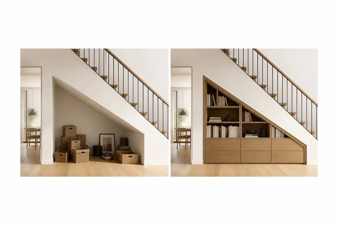 Aménagement sous escalier avant après avec rangements optimisés sous la pente