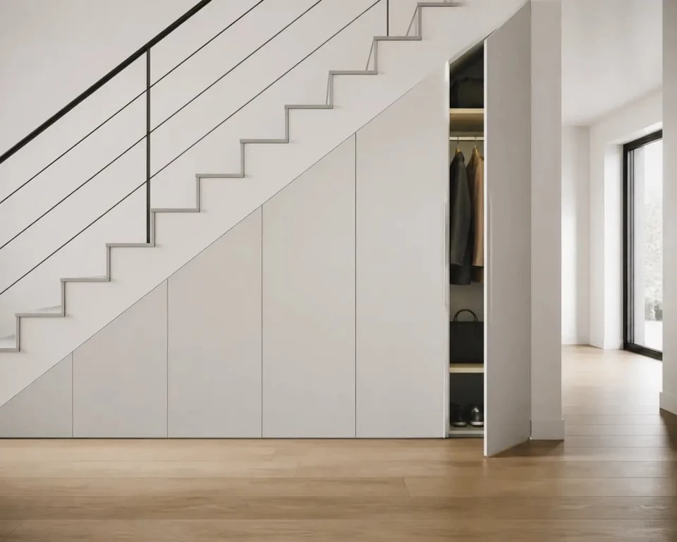 Aménagement sous escalier avec placard fermé intégré dans une entrée moderne
