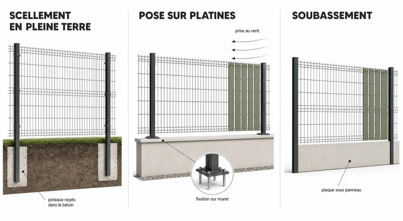 Clôture rigide illustrée avec pose scellée, platines et soubassement