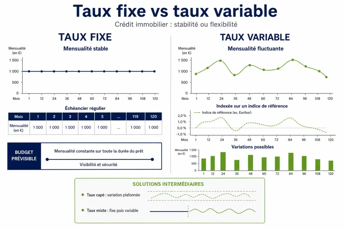 Taux variable ou fixe : comparaison visuelle des mensualités et du risque sur un crédit immobilier