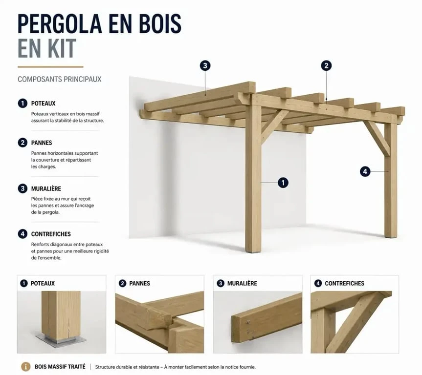 Schéma explicatif des composants d'une pergola bois en kit pour jardin