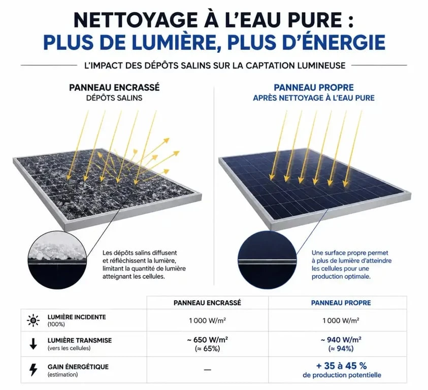 Schéma comparatif de l'impact du nettoyage sur le rendement des panneaux solaires à Calais