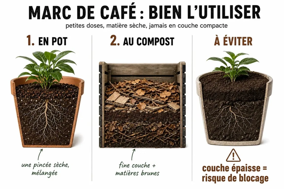 Marc de café plante : schéma visuel des bons usages et des erreurs à éviter