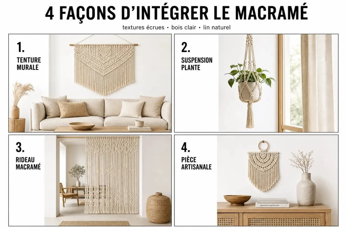 Comparatif déco macramé avec tenture murale, suspension, rideau et petite création artisanale