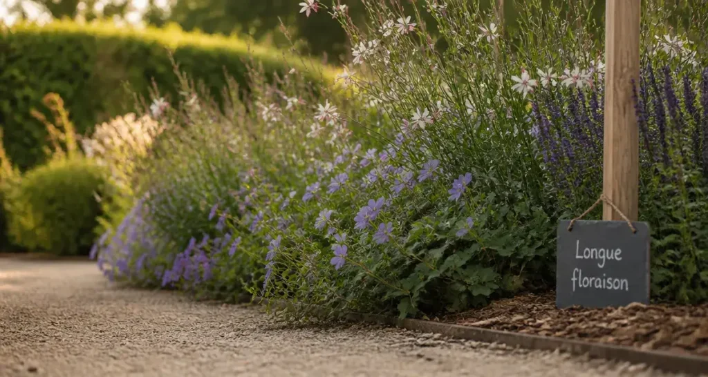 Fleur vivace longue floraison : gauras et géranium Rozanne au jardin