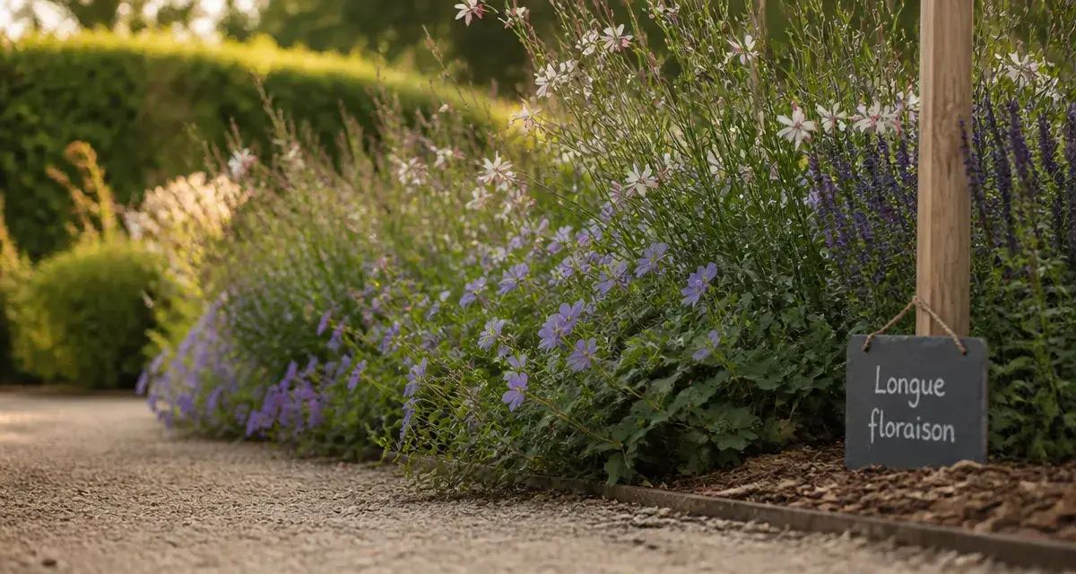 Fleur vivace longue floraison : gauras et géranium Rozanne au jardin