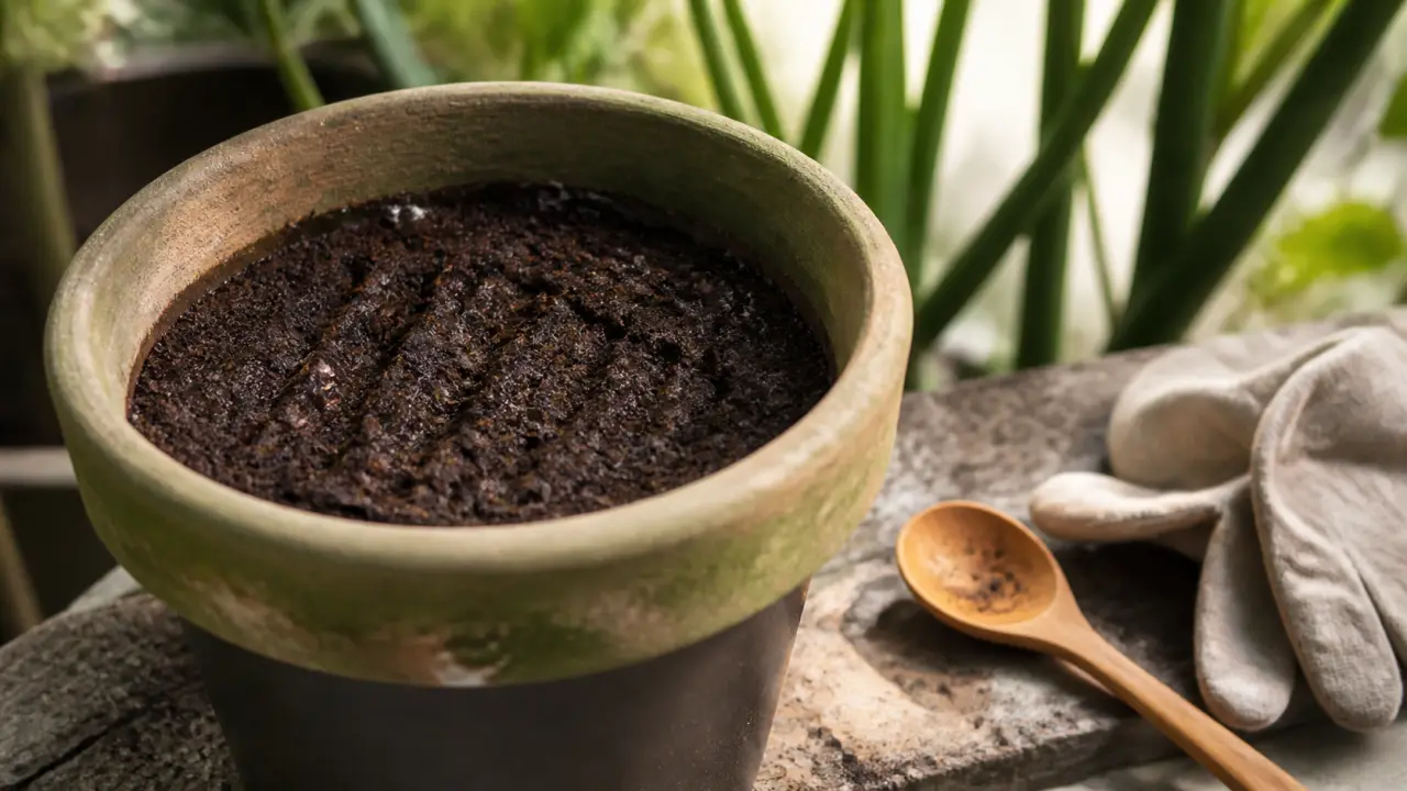 marc de café plante en fine couche dans un pot