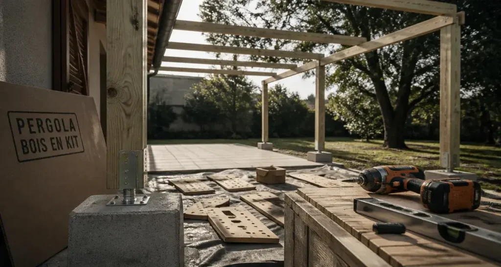 Montage d’une pergola bois en kit sur plots béton, poteaux et pannes