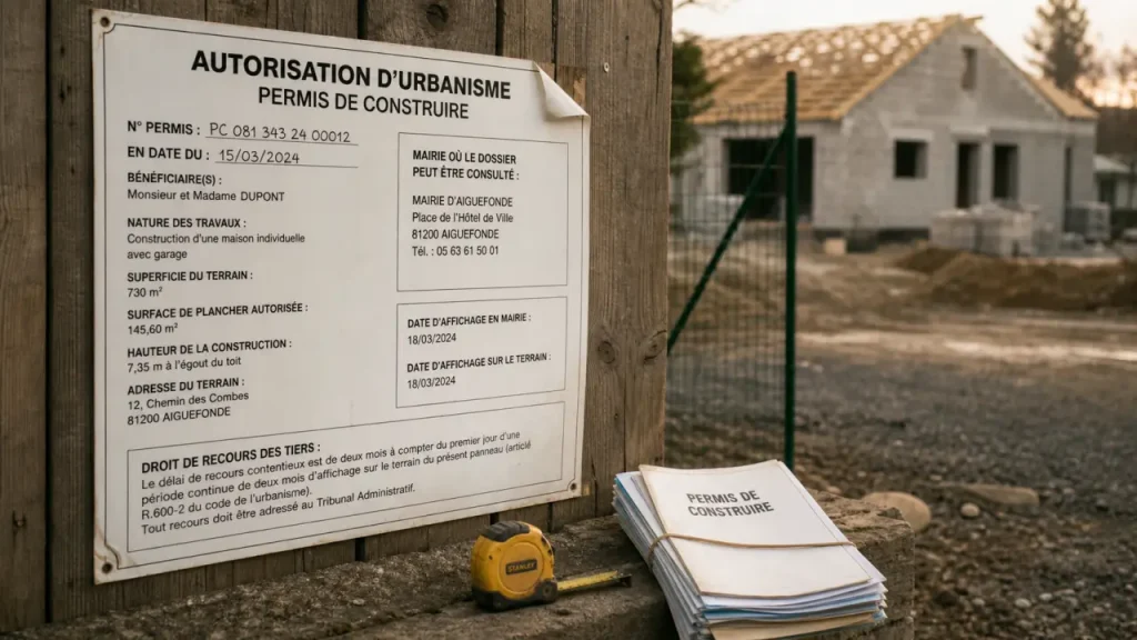 Permis de construire panneau affiché sur chantier, visible et sécurisé