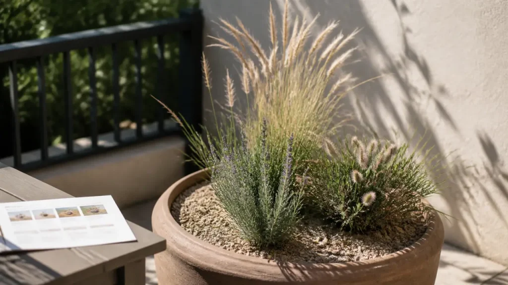 Plante soleil : lavande et graminées sur terrasse plein sud