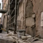 Ravalement facade saint etienne en cours : échafaudage et enduit fissuré