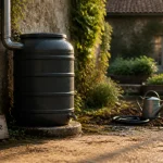 Récupérateur eau de pluie raccordé à la gouttière, cuve anthracite, jardin