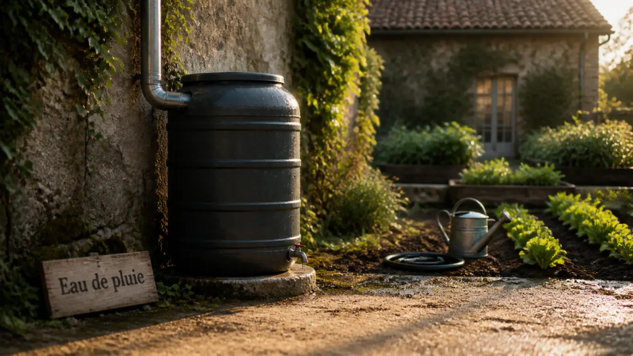 Récupérateur eau de pluie raccordé à la gouttière, cuve anthracite, jardin
