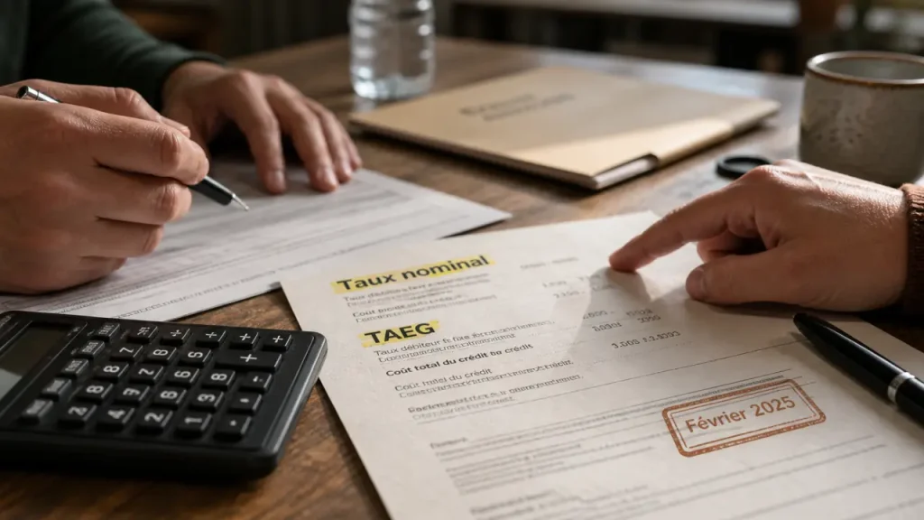 taux crédit immobilier fevrier 2025 : TAEG et durée sur documents de prêt