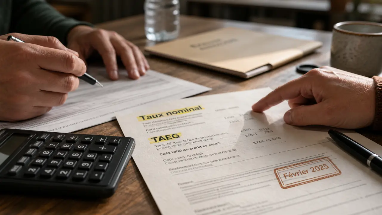 taux crédit immobilier fevrier 2025 : TAEG et durée sur documents de prêt