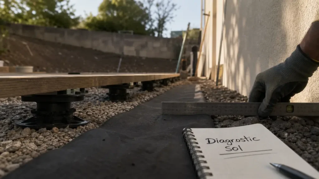 Terrasse sur terre : plots réglables, drainage et fondations anti-affaissement