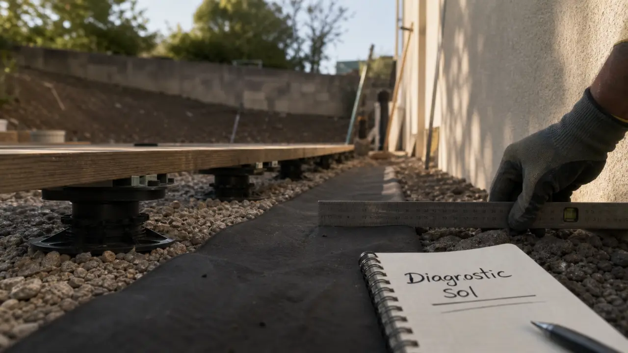Terrasse sur terre : plots réglables, drainage et fondations anti-affaissement