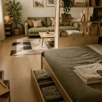Aménagement studio 25m2 IKEA : lit rangement et table escamotable en studio lumineux