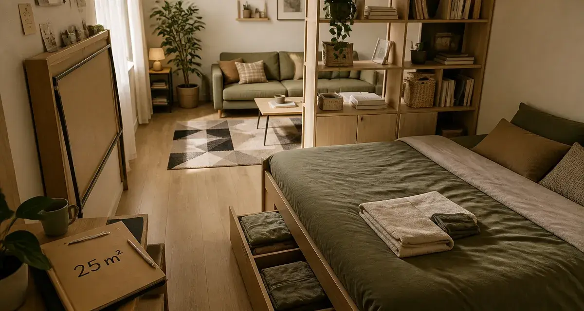 Aménagement studio 25m2 IKEA : lit rangement et table escamotable en studio lumineux