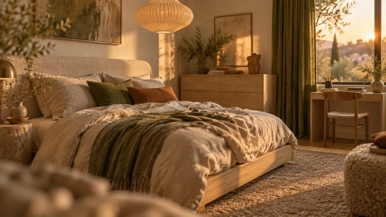 Chambre design apaisante avec lit bois, lumière dorée et rangement