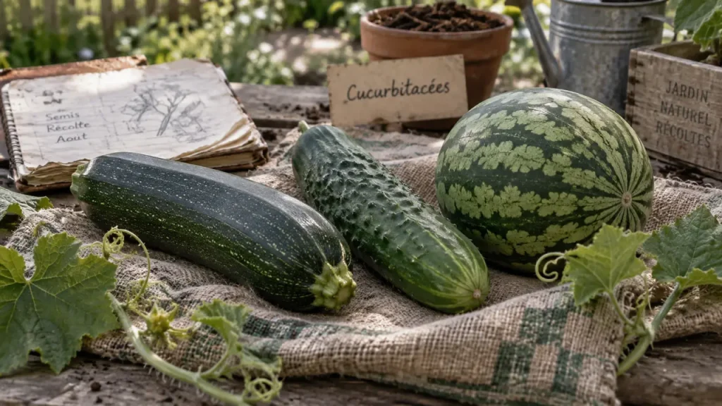 Cucurbitacées liste : courgette, concombre et pastèque sur un sac