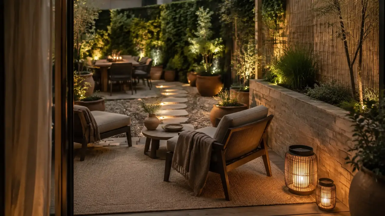 Déco pour terrasse au crépuscule : coin salon, lanternes et brise-vue.