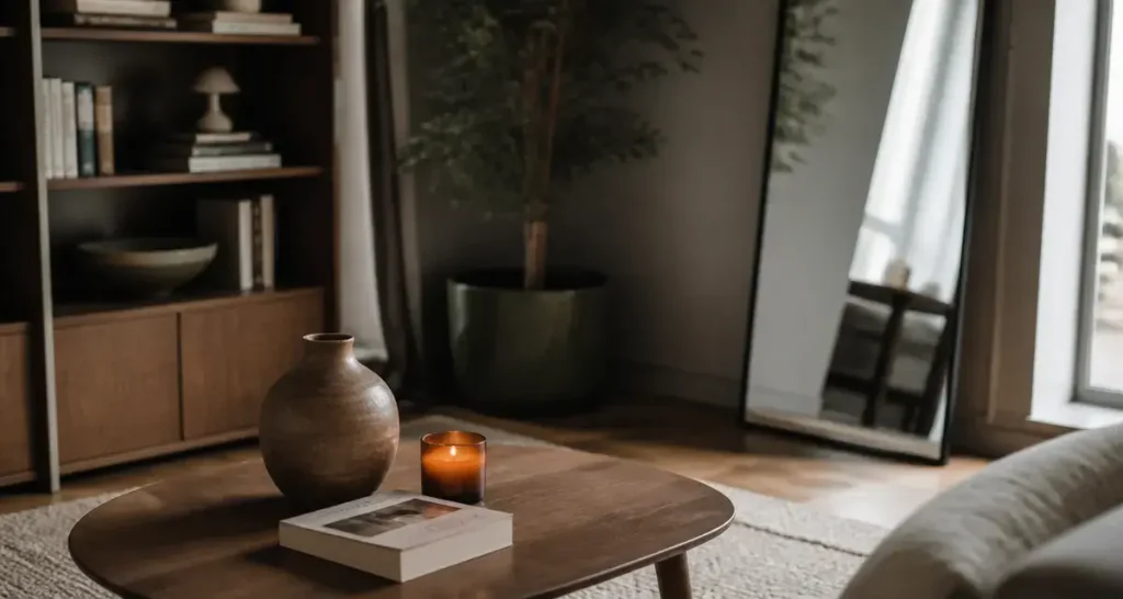 decoration interieur : table basse beige taupe et étagères bois